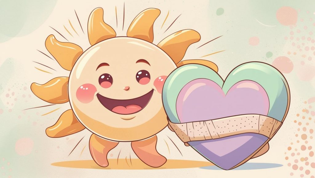 Cartoon sun and heart sharing healing energy with smiling faces.