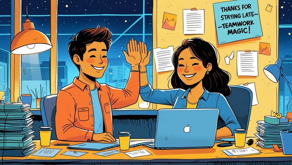 Two coworkers high-fiving at a desk late at night with a sticky note that says “Thanks for staying late—teamwork magic!