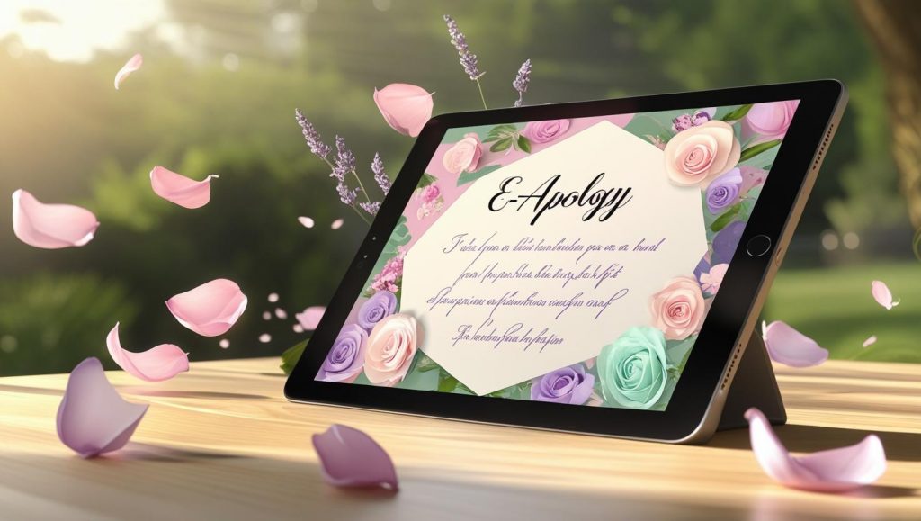 A modern digital tablet on a wooden desk displaying a heartfelt e-apology card with soft pastel floral borders and elegant handwritten Message, surrounded by gently falling flower petals in warm sunlight.