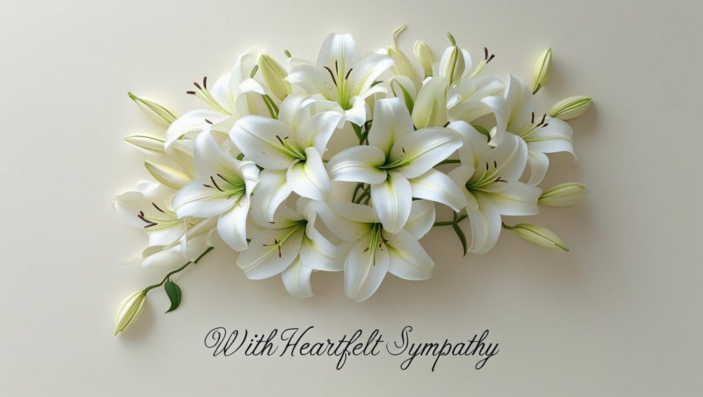 White lilies arranged on a light background with the message "With Heartfelt Sympathy," symbolizing condolences and remembrance.