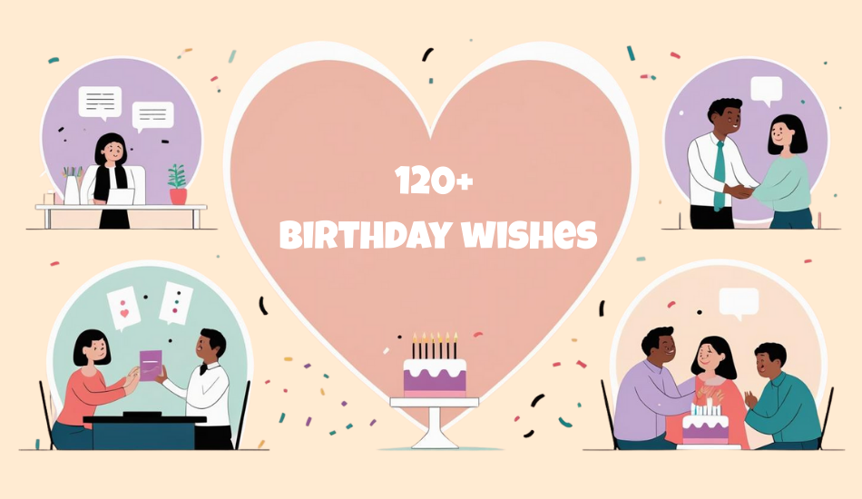 “Flat pastel vector showing diverse birthday moments—coworkers, friends, and family—framing a central heart and cake with subtle confetti; sincere, modern tone.”