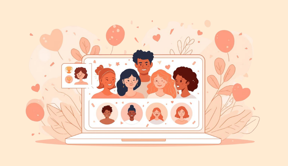 Flat pastel illustration of diverse people on a laptop showing a group e-card avatar grid with balloons and confetti—celebratory ‘Congratulations’ theme.