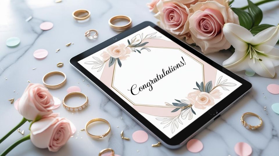Elegant digital wedding card on tablet with floral design and wedding rings