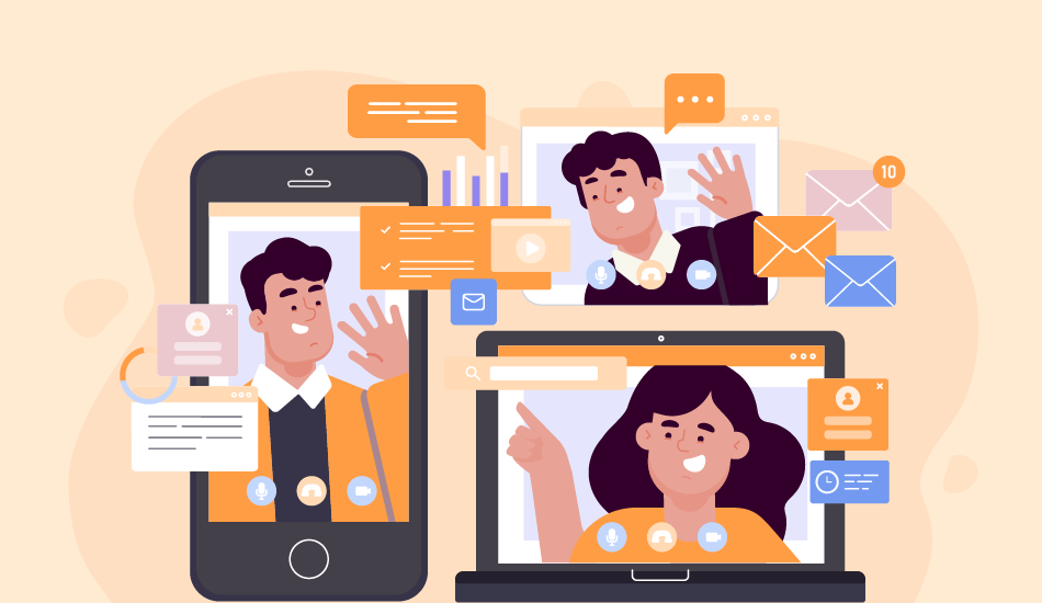 Illustration of coworkers waving on video calls—guide to farewell messages and goodbye wishes for group cards.