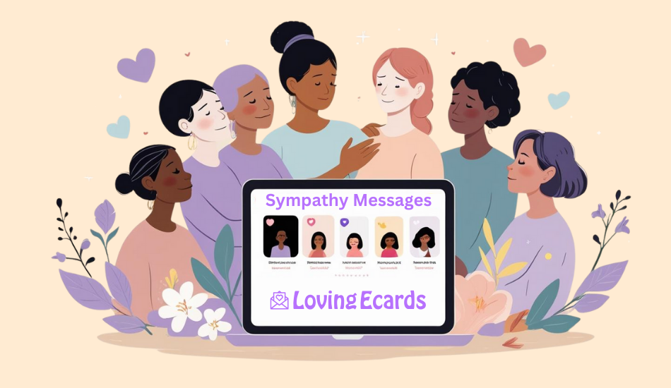 Pastel illustration of diverse friends gathered around a tablet showing a LovingEcards sympathy group card with ‘Sympathy Messages’ headline and gentle floral accents.