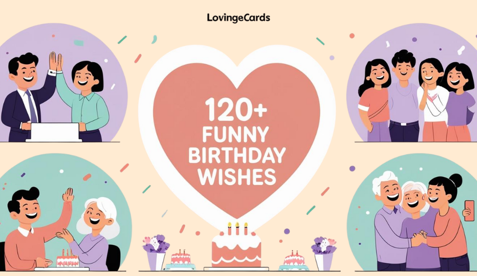 Flat pastel vector of playful birthday vignettes—work, family, friends—around a central heart and cake with light confetti; clean, brand-safe humor. Funny Birthday Wishes