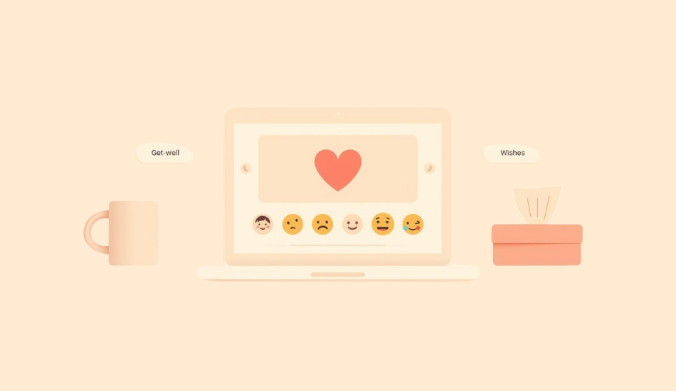 Minimal laptop with simple get-well card UI, tea mug and tissue box on a soft pastel background.