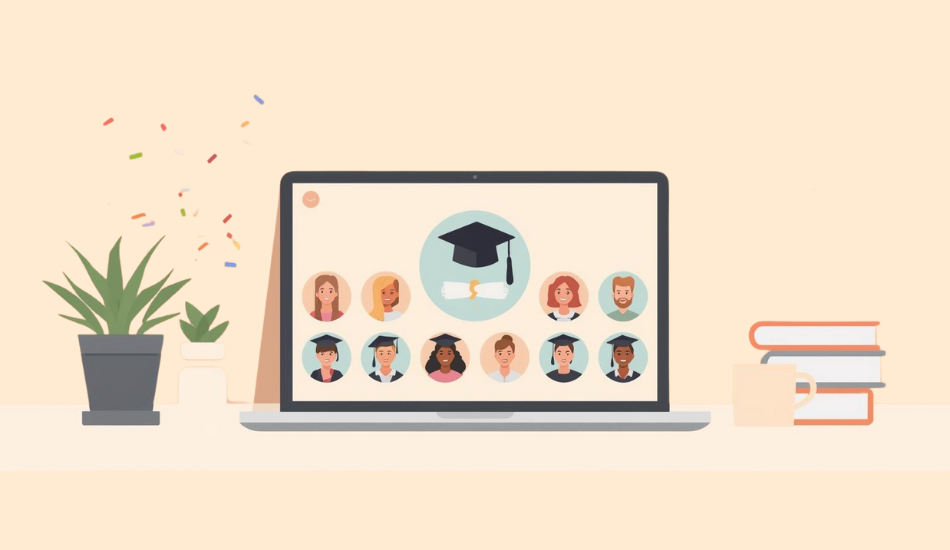 Pastel flat-vector of graduates around a laptop showing a group ecard with a cap and diploma icon, light confetti, spacious header area.