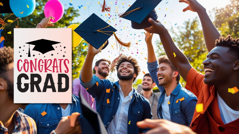 A group of happy graduates throwing their caps in the air, surrounded by colorful balloons and confetti, celebrating their graduation outdoors.