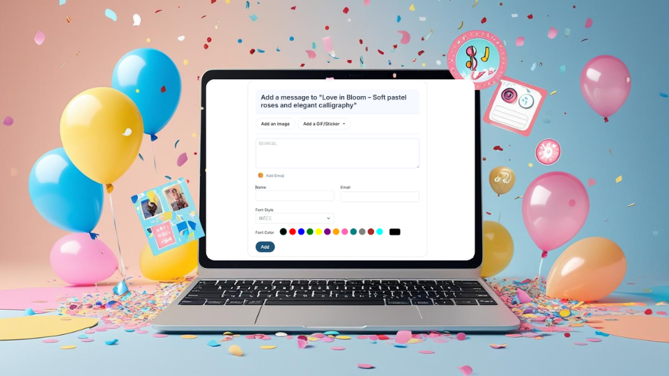 Laptop screen showing ecard personalization options with balloons, confetti, and festive decorations for sending a fun congratulations ecard