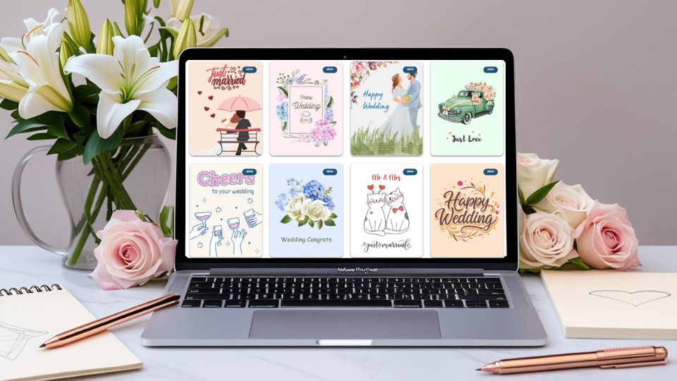 A digital wedding card on a laptop with embedded photos, a short video thumbnail, and decorative emojis. Surrounding it are a stylus pen, sketchpad, and bouquet flowers, symbolizing customization.