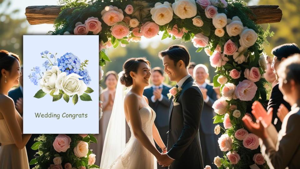 A bride and groom holding hands under a floral arch during a sunny outdoor wedding ceremony, surrounded by applauding guests.