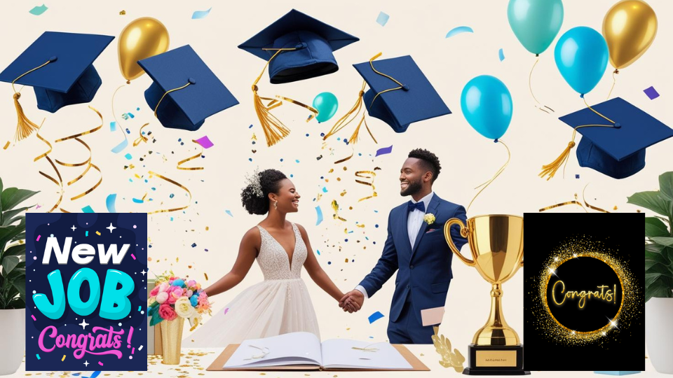 A collage of celebrations featuring a newlywed couple holding hands in wedding attire with colorful balloons, graduation caps, gold trophies, and congratulatory signs, representing multiple achievements.