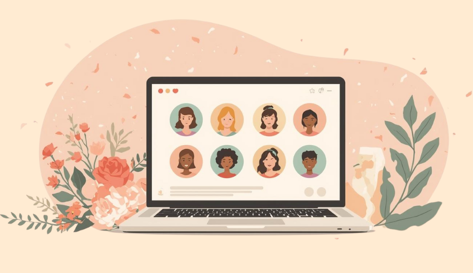 Flat pastel vector of a laptop showing a group wedding ecard with avatar grid, rings and bouquet accents on a peach background.
