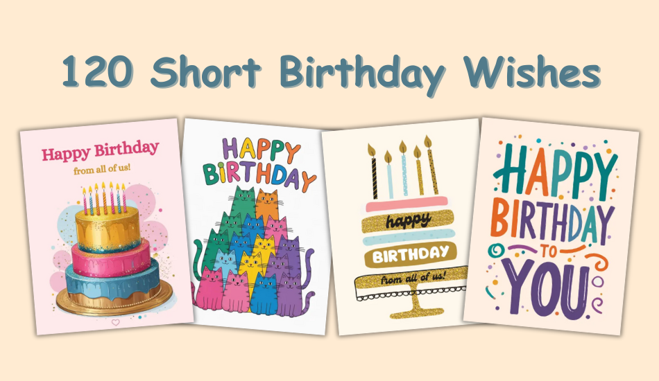 Minimal birthday card with confetti and the headline 120 Short Birthday Wishes