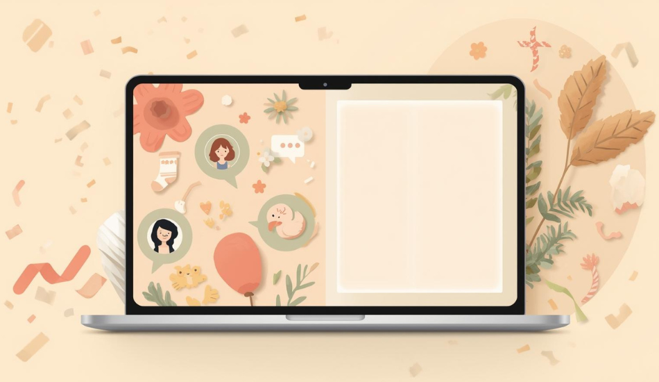 Laptop displaying a baby-shower group ecard with avatars, chat bubbles, balloons and florals on a peach background.