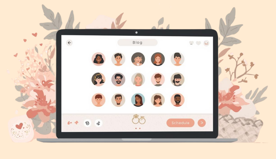 Pastel flat-vector laptop showing a digital group anniversary e-card with diverse circular avatars, rings icon and “Schedule” button, framed by soft florals on a peach background.