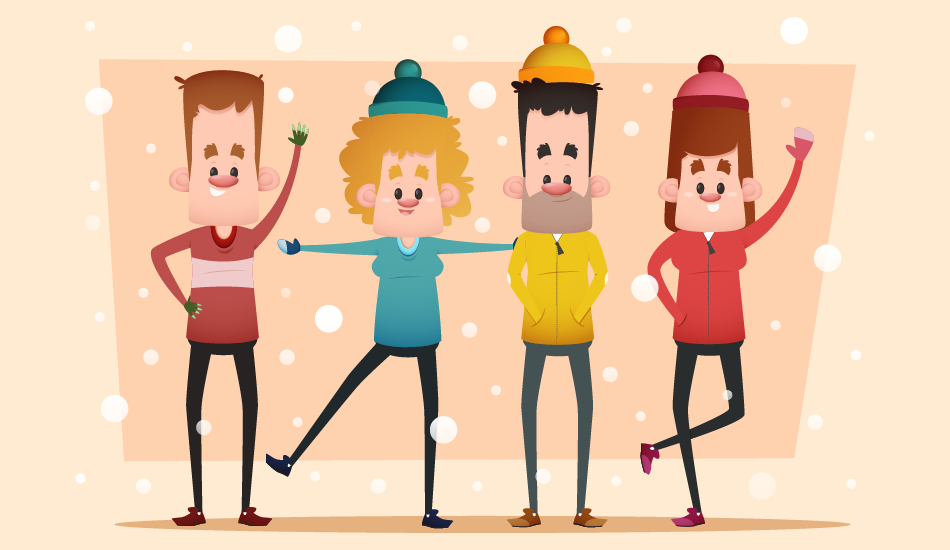 Four cartoon coworkers in winter hats smiling and waving—a cheerful team scene for an article on funny farewell messages and group ecards.