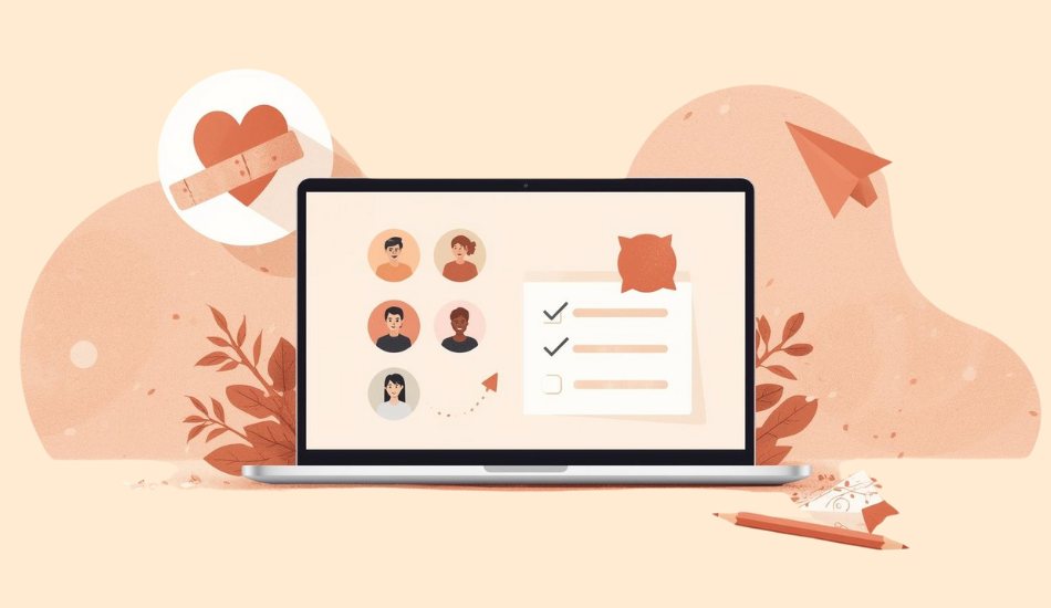 Apology ecard concept: laptop with avatar bubbles and a checklist, bandaged heart and paper plane on a warm peach backdrop.