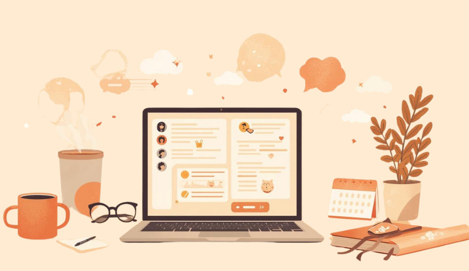 Laptop with a group retirement ecard UI—avatars and chat bubbles—on a cozy desk with coffee, glasses, plant and calendar; warm peach illustration.
