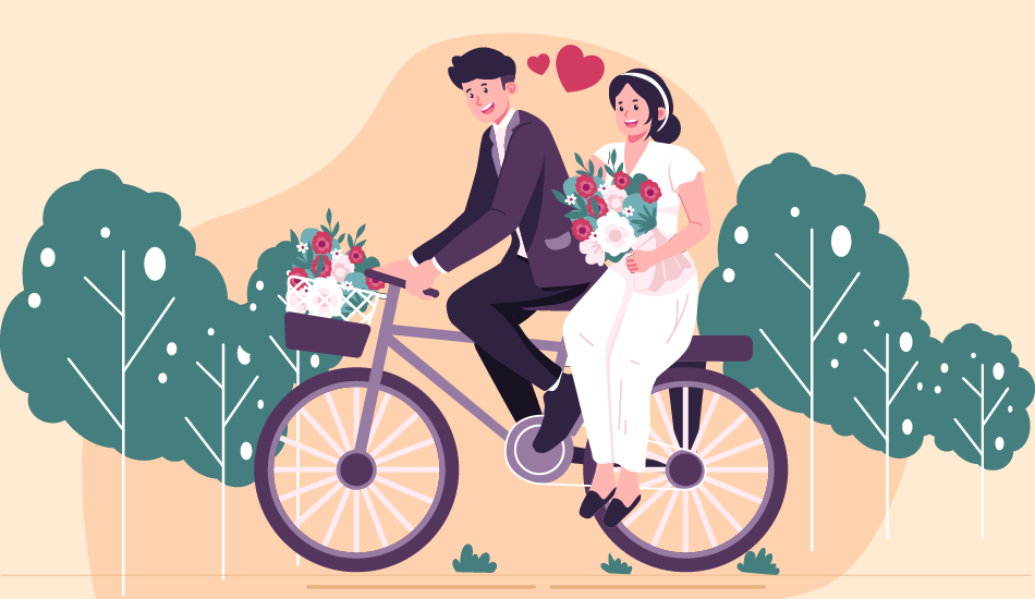 Illustration of a newlywed couple riding a bicycle together — the groom in a black suit pedaling while the bride in a white dress sits on the back holding a bouquet, with flowers in the bike basket and hearts floating above them.