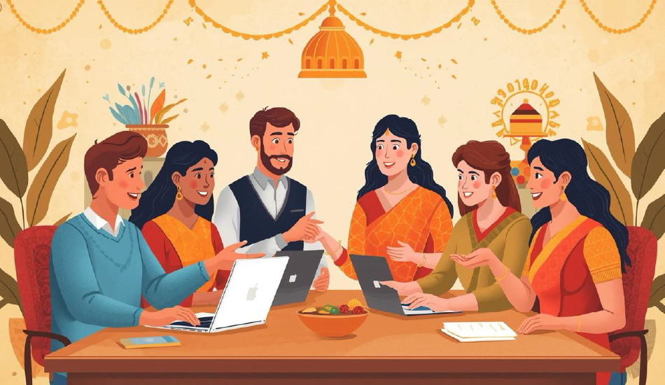 Multicultural office team celebrating Dussehra with laptops and festive decorations, sharing inclusive workplace greetings and messages.