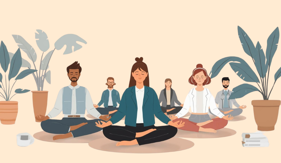 Diverse employees practicing mindfulness in a calm office for World Mental Health Day.