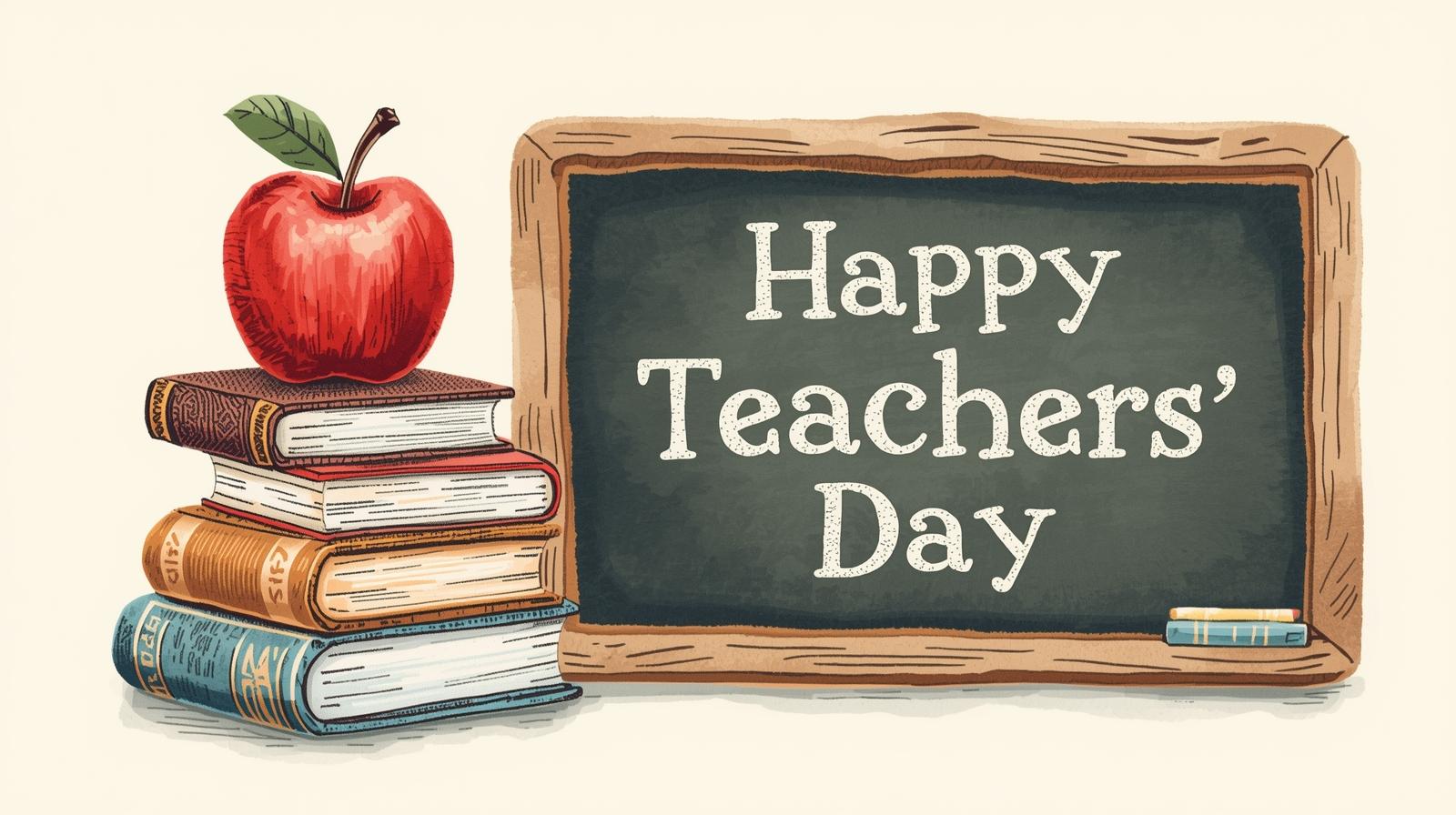 Chalkboard reading “Happy Teachers’ Day” with stacked books and a red apple—illustration for World Teachers’ Day messages.